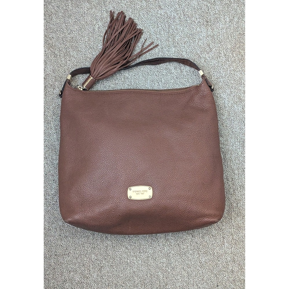 Michael Kors Bedford TZ Hobo Bag Women Brown Pebbled Leather Tassel Logo Plate